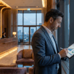 A hotel executive reviews financial charts on a tablet in a modern lobby, illustrating guidance on how to structure your hotel business for success.