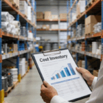 A worker reviews a clipboard labeled “Cost Inventory” with charts and data while standing in a warehouse, illustrating Manufacturing Inventory Accounting Methods.