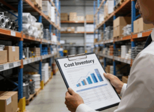 A worker reviews a clipboard labeled “Cost Inventory” with charts and data while standing in a warehouse, illustrating Manufacturing Inventory Accounting Methods.