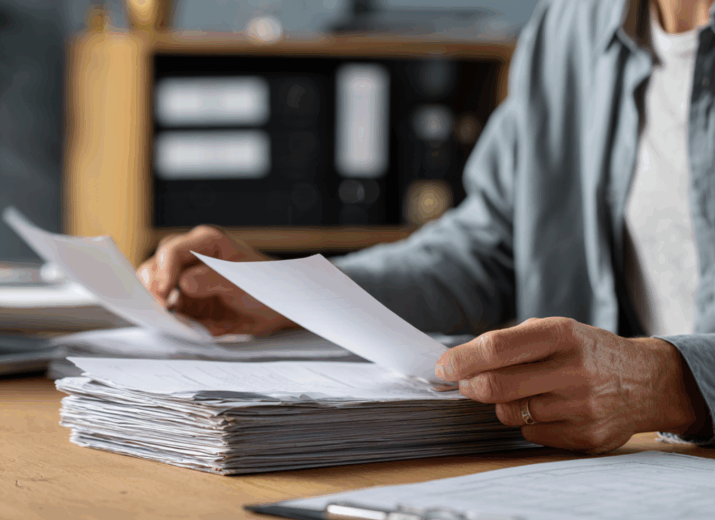 A nonprofit accountant reviews paperwork in an office, sorting through a large stack of documents to stay compliant with single audit requirements.