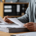 A nonprofit accountant reviews paperwork in an office, sorting through a large stack of documents to stay compliant with single audit requirements.