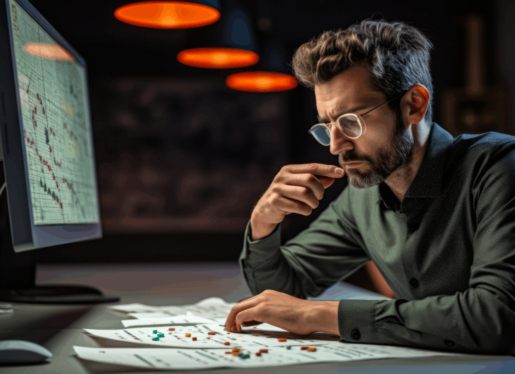 A man reviews charts and data at his desk, analyzing numbers and trends to support manufacturing cost estimation in a detailed planning process.