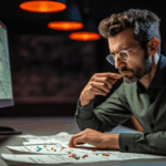 A man reviews charts and data at his desk, analyzing numbers and trends to support manufacturing cost estimation in a detailed planning process.