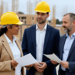 Three real estate developers in hard hats review documents at a construction site, discussing investment and development strategies related to Opportunity Zones.