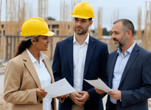Three real estate developers in hard hats review documents at a construction site, discussing investment and development strategies related to Opportunity Zones.