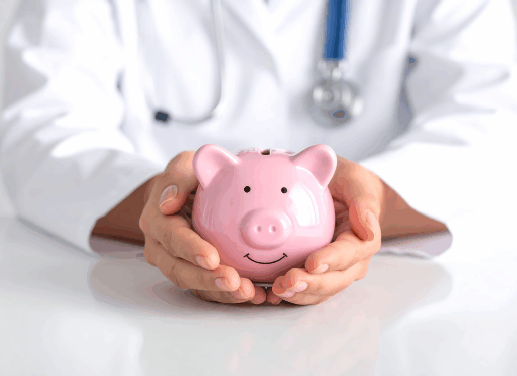A doctor holds a pink piggy bank in both hands, symbolizing savings and financial security through Physician Retirement Planning.