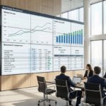 Executives review market trends and performance dashboards during a meeting focused on Real Estate Industry Benchmarking and portfolio comparisons.