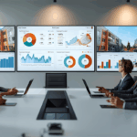 Family office team reviews property performance dashboards in a boardroom, evaluating whether to family office outsource real estate accounting.