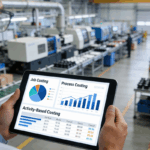 A worker in a manufacturing facility reviews charts for job, process, and activity-based costing on a tablet, illustrating different methods of cost accounting.