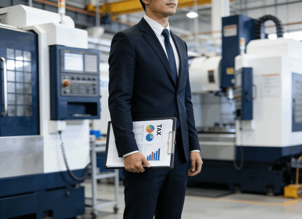 A tax CPA in a suit stands in a manufacturing facility holding a clipboard with tax charts, representing guidance on claiming a manufacturing tax credit.