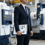 A tax CPA in a suit stands in a manufacturing facility holding a clipboard with tax charts, representing guidance on claiming a manufacturing tax credit.