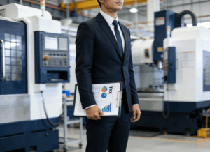 A tax CPA in a suit stands in a manufacturing facility holding a clipboard with tax charts, representing guidance on claiming a manufacturing tax credit.