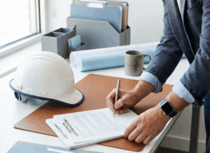 A contractor signs paperwork next to a hard hat and blueprints, illustrating documentation for different types of bonds in construction.