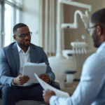 A professional meeting in a dental office where advisors review documents, highlighting how dental consulting firms guide practice decisions.