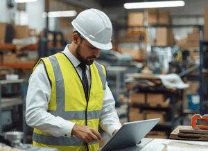 A worker in a hard hat and safety vest reviews data on a laptop inside a busy warehouse, representing how companies track and manage Direct Manufacturing Costs.