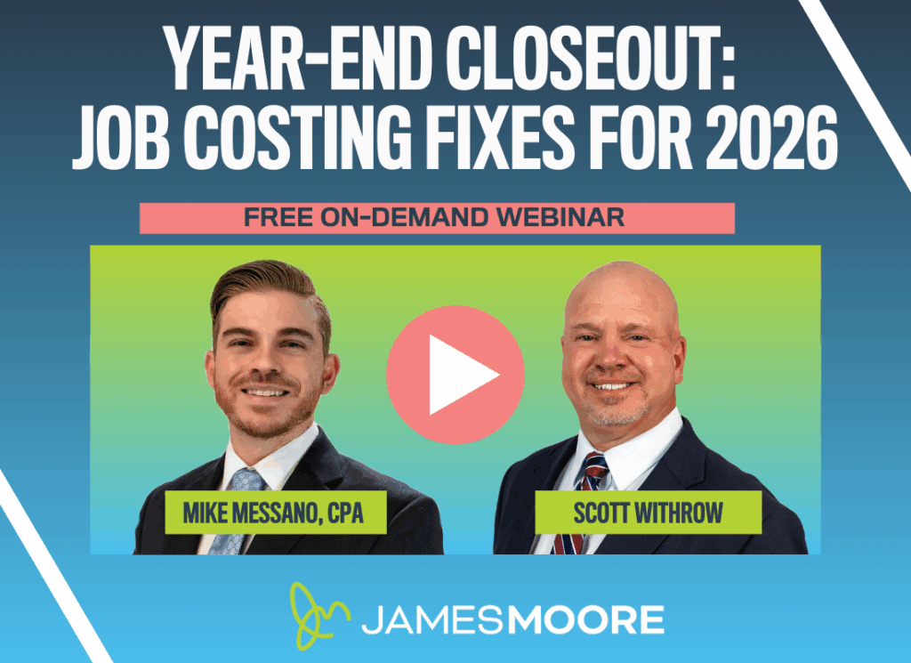 Graphic promoting the Job Costing Fixes for 2026 webinar, featuring head shots of Mike Messano, CPA, and Scott Withrow with a play button icon.