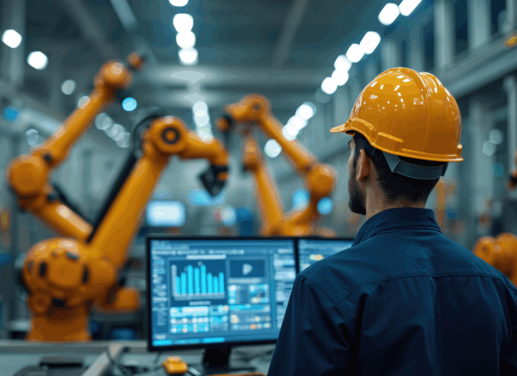 An engineer monitors robotic arms and data dashboards in a factory, showcasing ai in manufacturing to optimize automation and production performance.