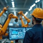 An engineer monitors robotic arms and data dashboards in a factory, showcasing ai in manufacturing to optimize automation and production performance.