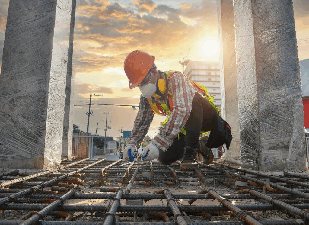 A construction worker installs rebar at a job site, highlighting construction company bonding requirements needed to qualify for large and regulated projects.