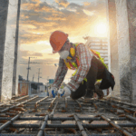 A construction worker installs rebar at a job site, highlighting construction company bonding requirements needed to qualify for large and regulated projects.