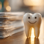 A smiling tooth model sits beside a stack of paperwork on a desk, representing organized records and dental bookkeeping for a dental practice.