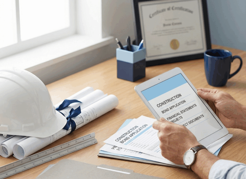 A contractor reviews a construction bond application on a tablet at a desk with blueprints and a hard hat, illustrating surety bonds in the construction industry.