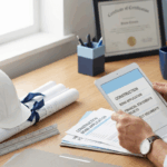 A contractor reviews a construction bond application on a tablet at a desk with blueprints and a hard hat, illustrating surety bonds in the construction industry.