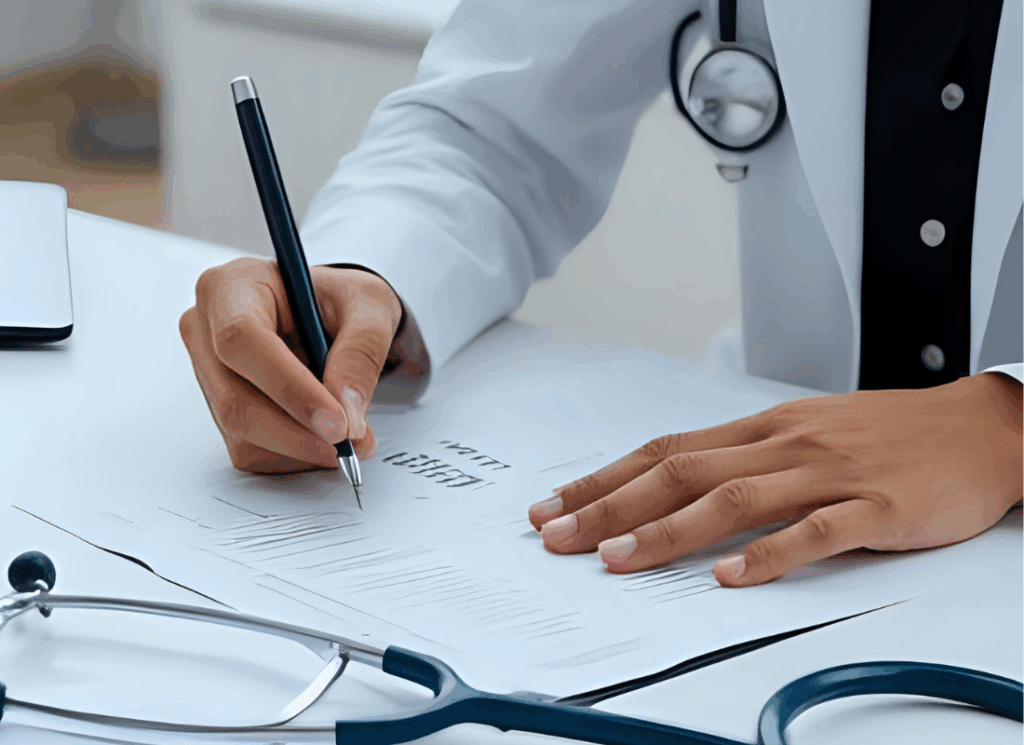 A doctor reviews paperwork at a desk with a stethoscope nearby, representing financial support provided by general practitioner (GP) accountants.