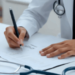 A doctor reviews paperwork at a desk with a stethoscope nearby, representing financial support provided by general practitioner (GP) accountants.