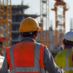 Construction workers in safety gear observe an active job site, illustrating steps involved in how to get a bond for construction projects.