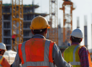 Construction workers in safety gear observe an active job site, illustrating steps involved in how to get a bond for construction projects.