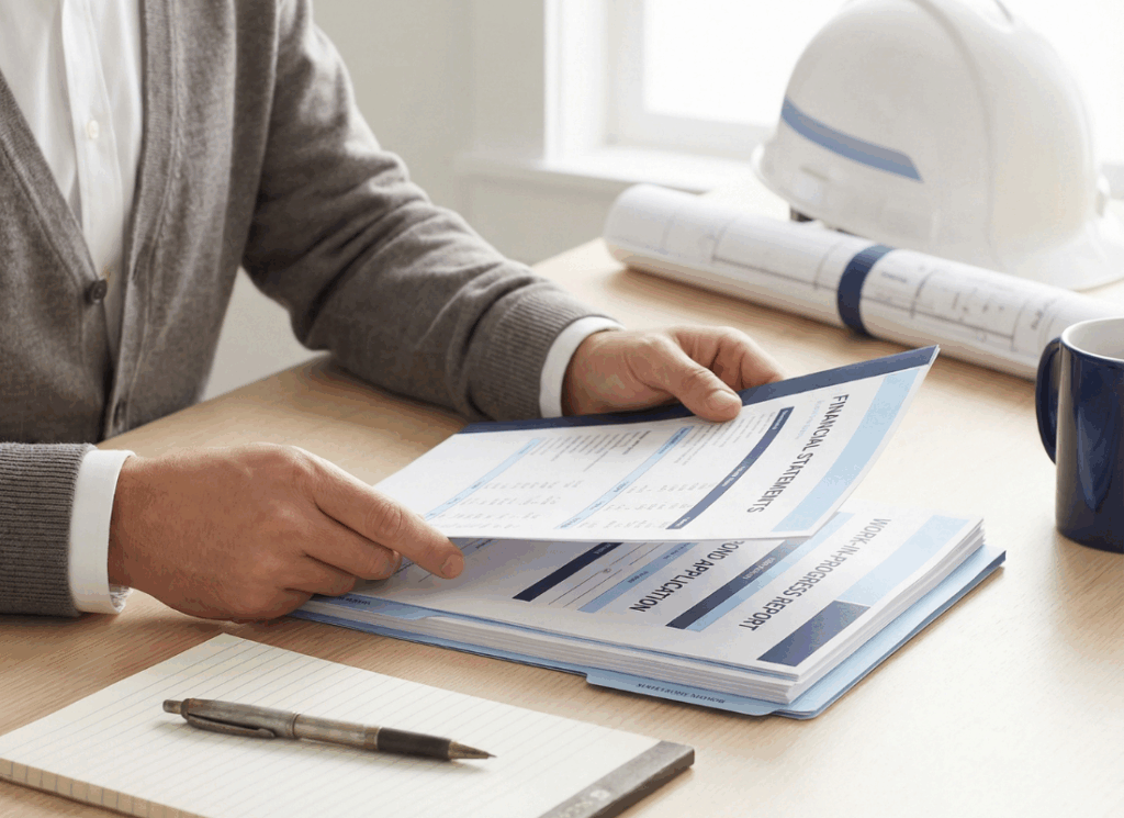 A contractor reviews financial statements and paperwork at a desk with blueprints and a hard hat, illustrating how to get a construction surety bond in the construction industry.