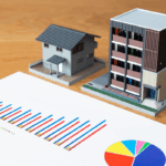 Property models beside financial charts illustrate analysis and planning for real estate risk management.