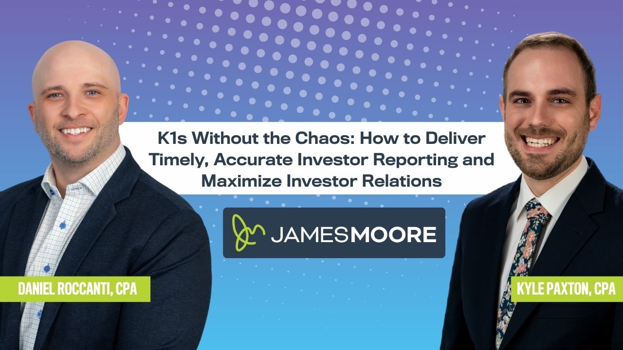 Headshots of Daniel Roccanti and Kyle Paxton with the webinar title and James Moore logo on a blue gradient background