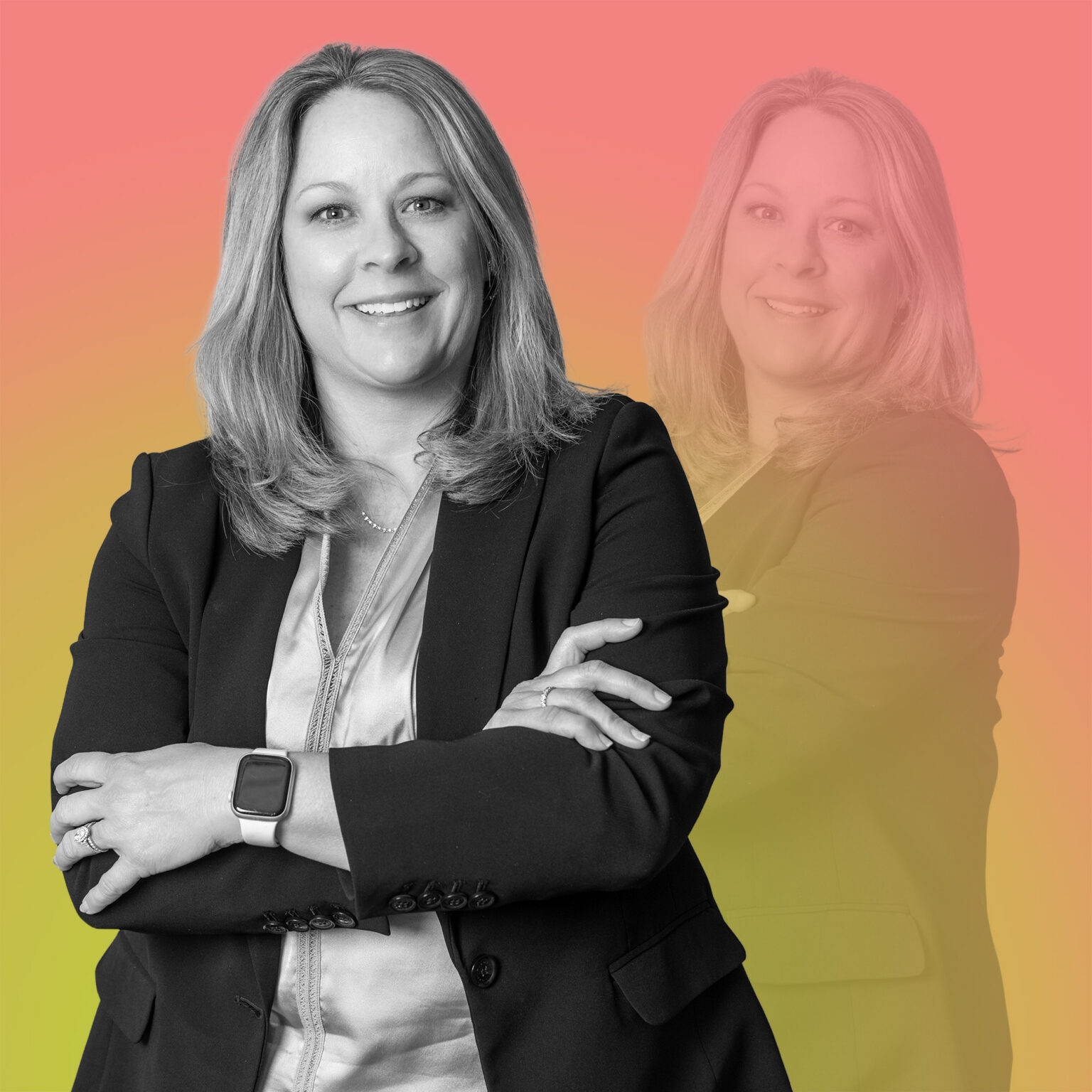 Nikole Souder-Schale with arms crossed on pink gradient background