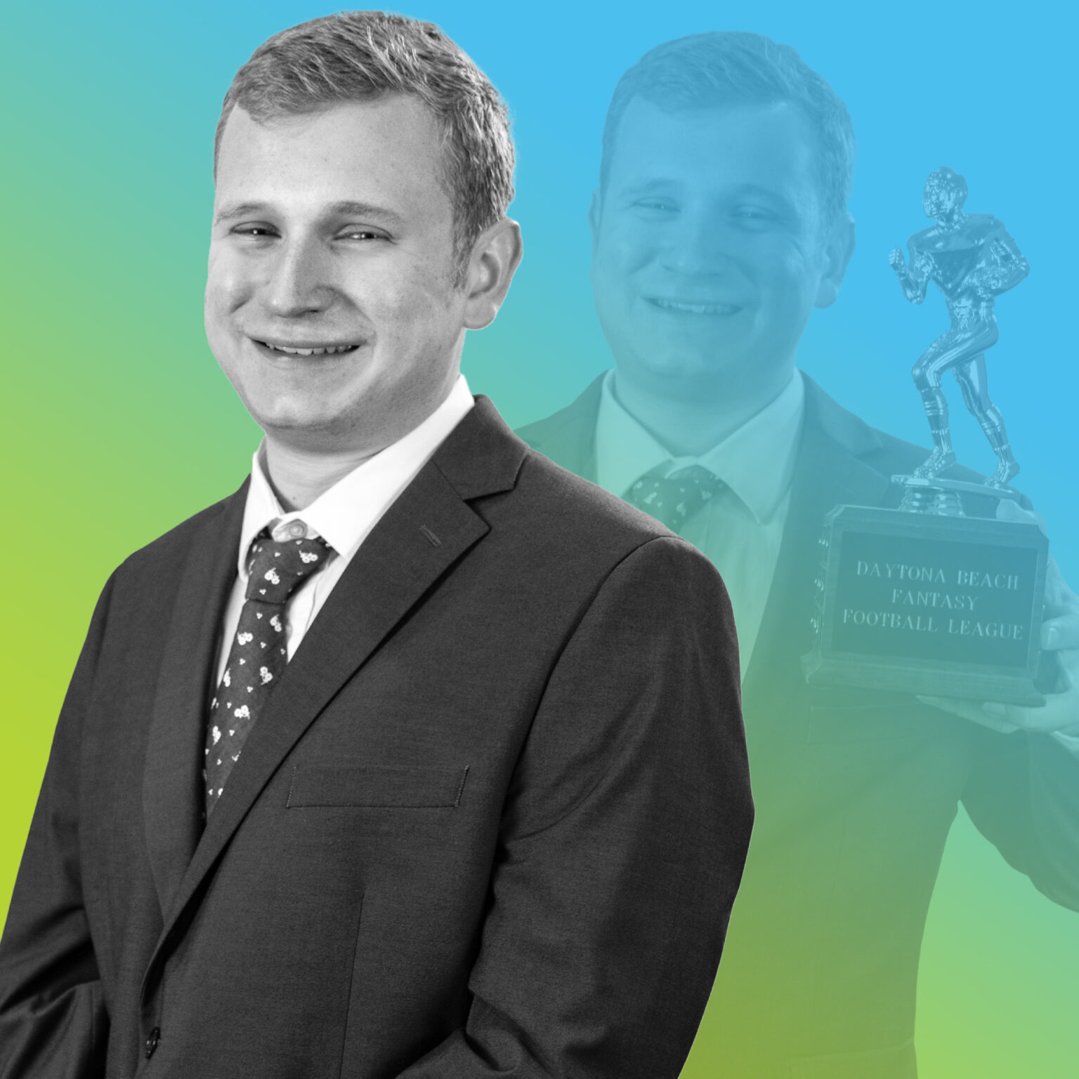 Spencer Machuga's headshot on blue gradient background