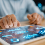 closeup of man's hands as he looks at graphs and charts on a tablet (financial dashboard)