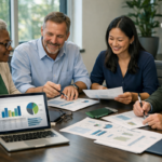 Nonprofit leadership team reviewing printed budget reports and financial charts at a conference table.