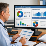 Healthcare financial professional reviewing revenue cycle management reports and billing data on computer screen.