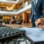 Hotel financial documents and calculator showing accounting best practices for hospitality properties.