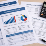 Hotel financial documents and calculator showing accounting analysis for hospitality property management.