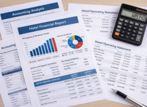 Hotel financial documents and calculator showing accounting analysis for hospitality property management.
