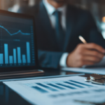 Business professional reviewing financial reports beside a laptop displaying investment performance charts, with coins on the desk.