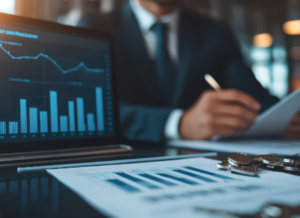 Business professional reviewing financial reports beside a laptop displaying investment performance charts, with coins on the desk.