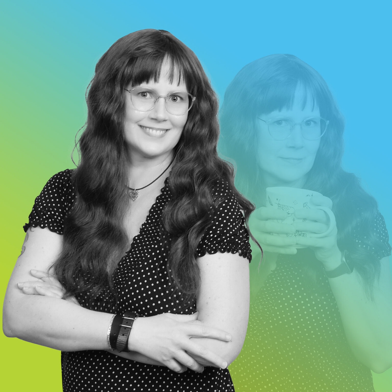 Valarie standing with arms crossed, blue/green background