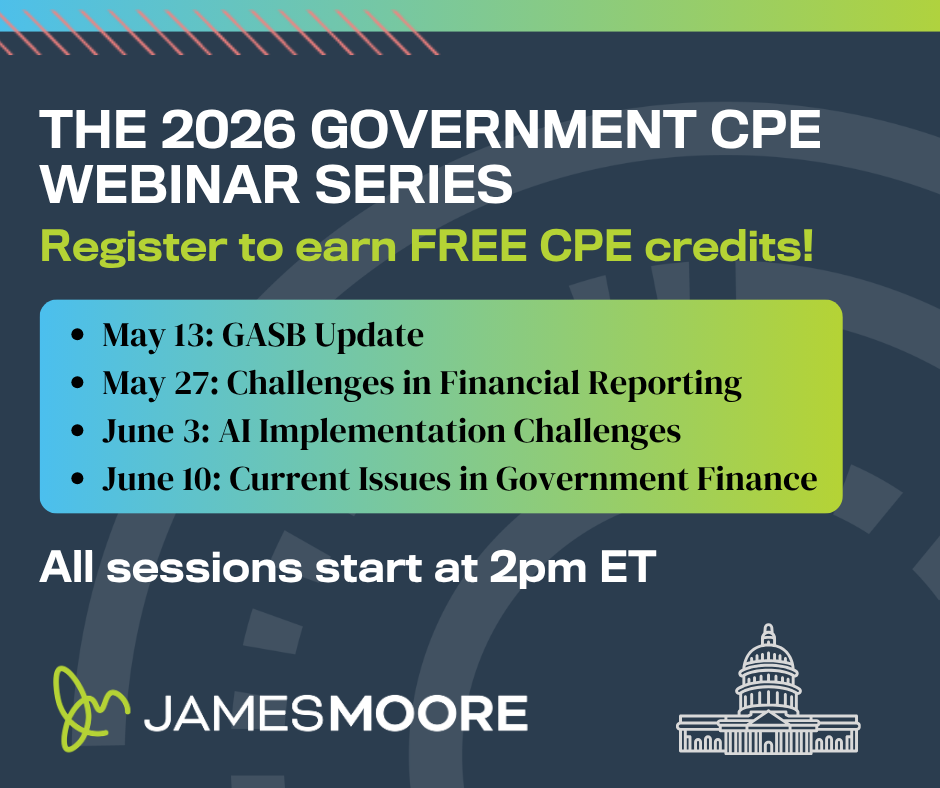 Information about the 2026 govertnment CPE webinar series, including dates, titles and session start time. Blue background with Capitol building at bottom right.