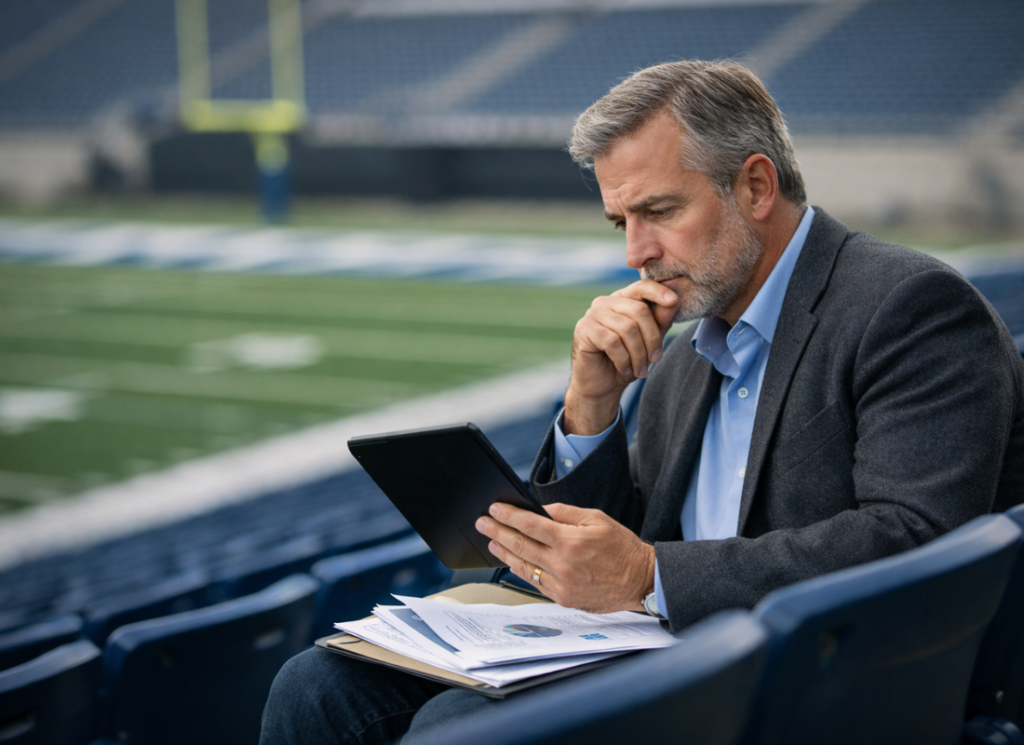 An college athletic director reviewing reports on a tablet while seated in a stadium, with a football field in the background.
