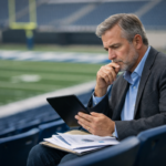 An college athletic director reviewing reports on a tablet while seated in a stadium, with a football field in the background.