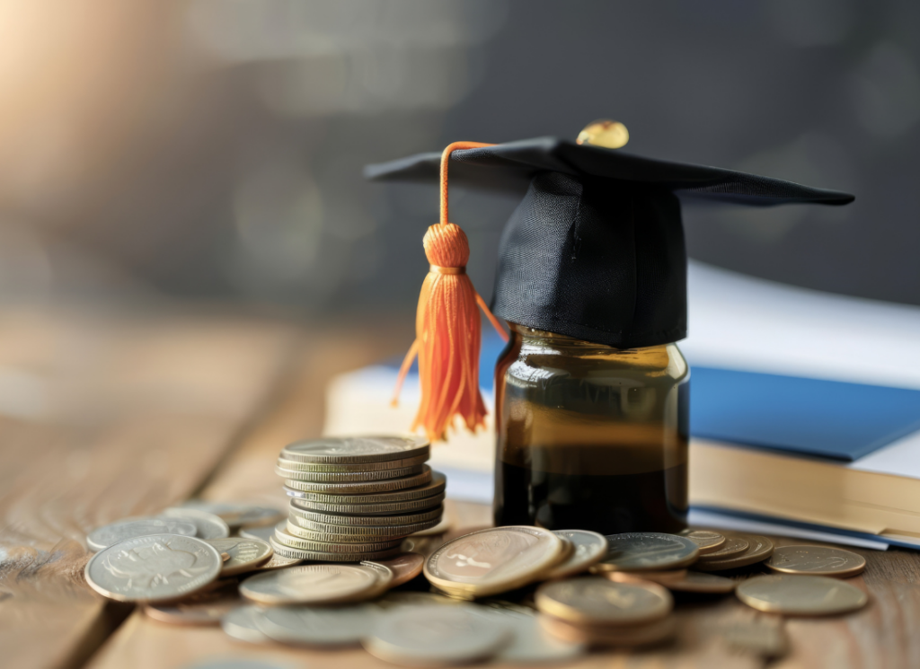 Graduation cap resting on a jar with stacked coins and books, symbolizing education funding and financial support.