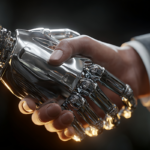 AI hand shaking human hand